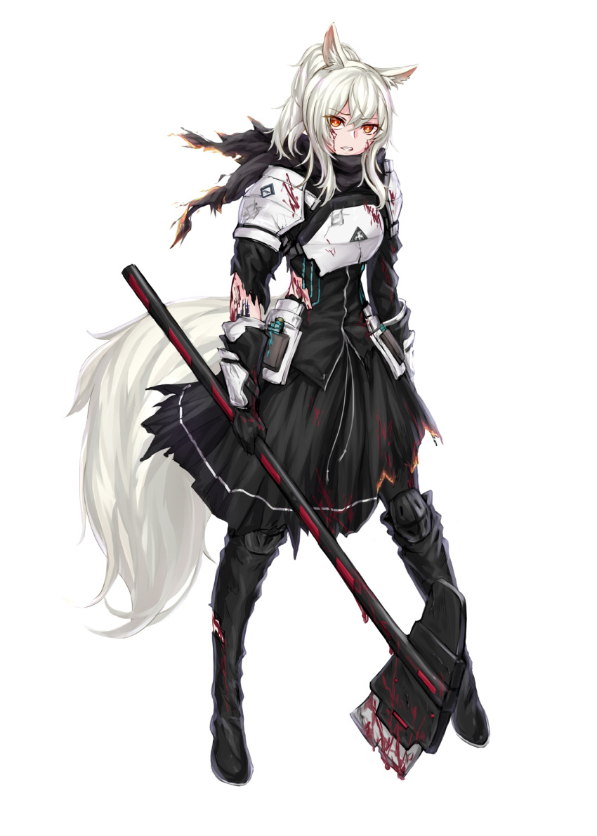 1girl animal_ear_fluff animal_ears arknights armor axe black_dress black_footwear black_gloves blood blood_on_axe blood_on_face blood_splatter boots chinese_commentary commentary_request dress eyebrows_visible_through_hair full_body gloves highres holding holding_axe horse_ears horse_girl horse_tail long_hair looking_at_viewer nearl_(arknights) pauldrons ponytail red_eyes shoulder_armor simple_background solo standing tail torn_clothes torn_dress white_background white_hair yeklsa