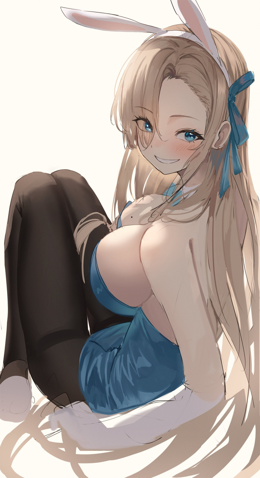 1girl 20_chain absurdres animal_ears asuna_(blue_archive) asuna_(bunny)_(blue_archive) bare_shoulders blue_archive blue_eyes blue_leotard blue_ribbon blush breasts brown_legwear elbow_gloves eyebrows_visible_through_hair eyes_visible_through_hair fake_animal_ears from_side gloves grin hair_over_one_eye highres large_breasts leaning_back leotard light_brown_hair long_hair mole mole_on_breast pantyhose rabbit_ears ribbon sidelocks simple_background sitting sketch smile solo strapless strapless_leotard thighband_pantyhose thighs white_background white_gloves