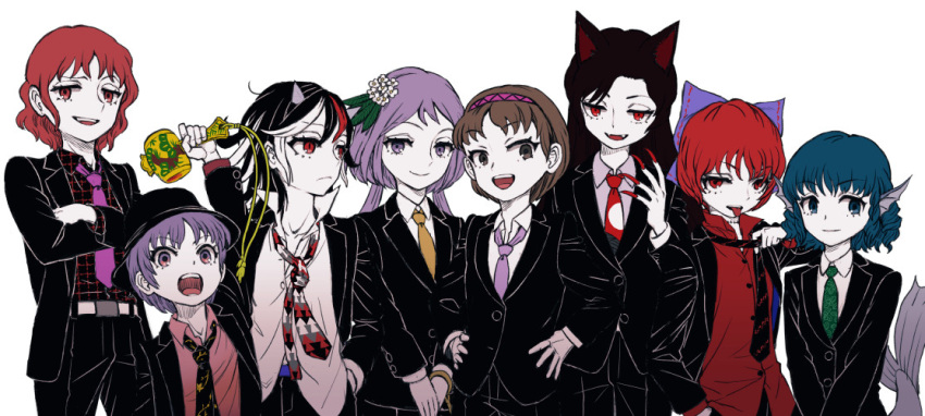 6+girls animal_ears black_headwear black_necktie blue_bow blue_eyes blue_hair bow brown_eyes brown_hair brown_necktie closed_mouth collared_shirt double_dealing_character fingernails flower formal green_necktie hair_bow hair_flower hair_ornament hairband hat head_fins holding horikawa_raiko horns imaizumi_kagerou kijin_seija long_fingernails long_hair long_sleeves meimaru_inuchiyo mermaid miracle_mallet monster_girl multicolored_hair multiple_girls nail_polish necktie open_mouth pink_shirt purple_eyes purple_hair purple_hairband purple_necktie red_eyes red_hair red_nails red_shirt sekibanki sharp_fingernails shirt short_hair simple_background smile smirk streaked_hair suit sukuna_shinmyoumaru touhou tsukumo_benben tsukumo_yatsuhashi wakasagihime white_background white_flower white_hair white_shirt wolf_ears