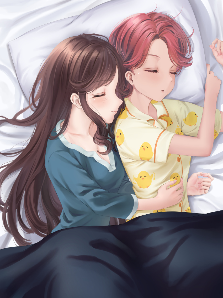 2girls absurdres animal_print bangs bed_sheet bird_print blanket blue_pajamas breasts brown_hair cleavage closed_eyes closed_mouth collarbone commentary_request commission fingernails hair_down hair_spread_out hand_on_another's_stomach hands_up highres isurugi_futaba light_blush light_smile long_hair long_sleeves medium_breasts multiple_girls pajamas parted_bangs parted_lips pillow pink_hair pixiv_request print_pajamas profile short_hair short_sleeves shoujo_kageki_revue_starlight shroomia side-by-side sidelocks sleeping tendou_maya under_covers upper_body yellow_pajamas yuri