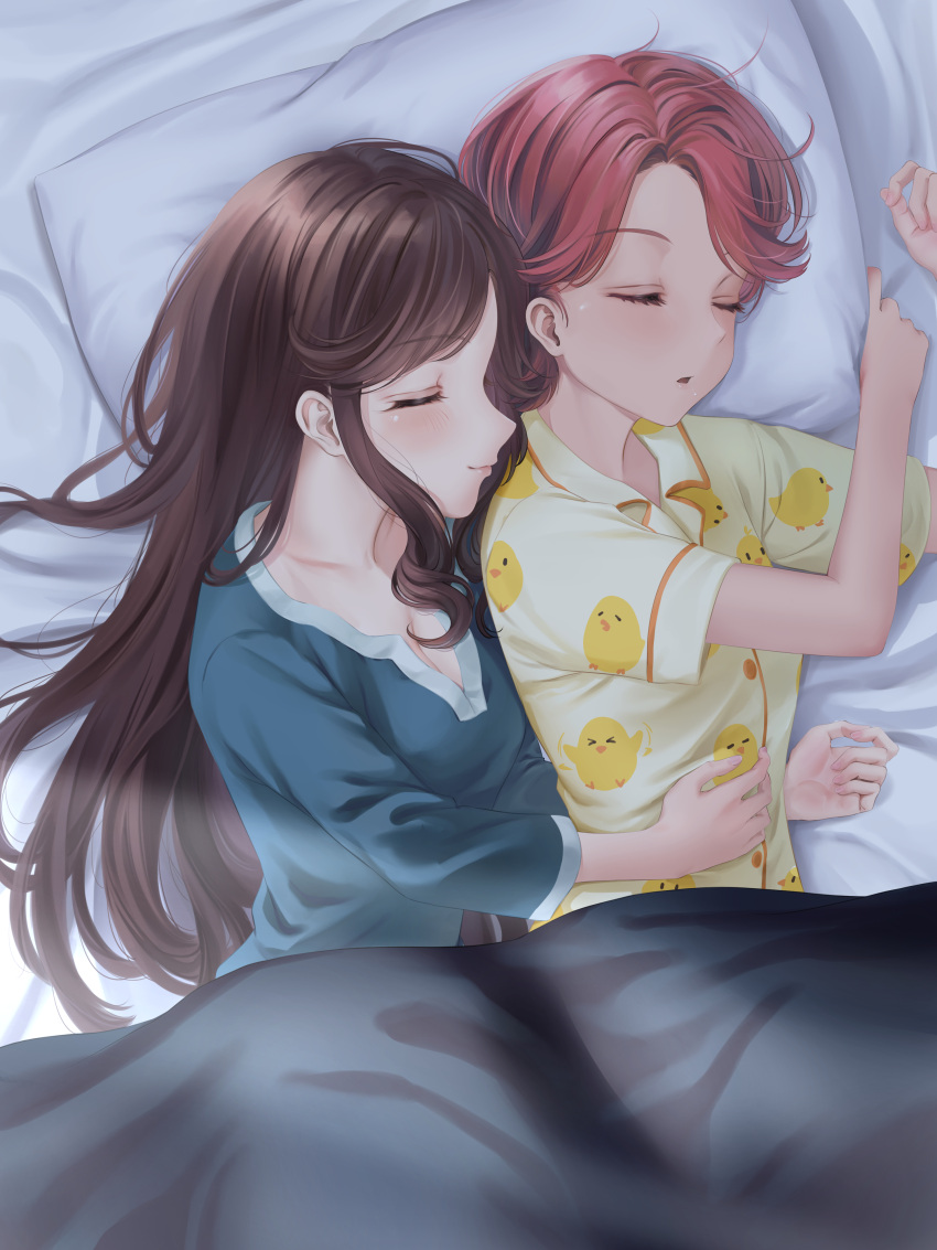 2girls absurdres animal_print bangs bed_sheet bird_print blanket blue_pajamas breasts brown_hair cleavage closed_eyes closed_mouth collarbone commentary_request commission fingernails hair_down hair_spread_out hand_on_another's_stomach hands_up highres isurugi_futaba light_blush light_smile long_hair long_sleeves medium_breasts multiple_girls pajamas parted_bangs parted_lips pillow pink_hair pixiv_request print_pajamas profile shade short_hair short_sleeves shoujo_kageki_revue_starlight shroomia side-by-side sidelocks sleeping sunlight tendou_maya under_covers upper_body yellow_pajamas yuri