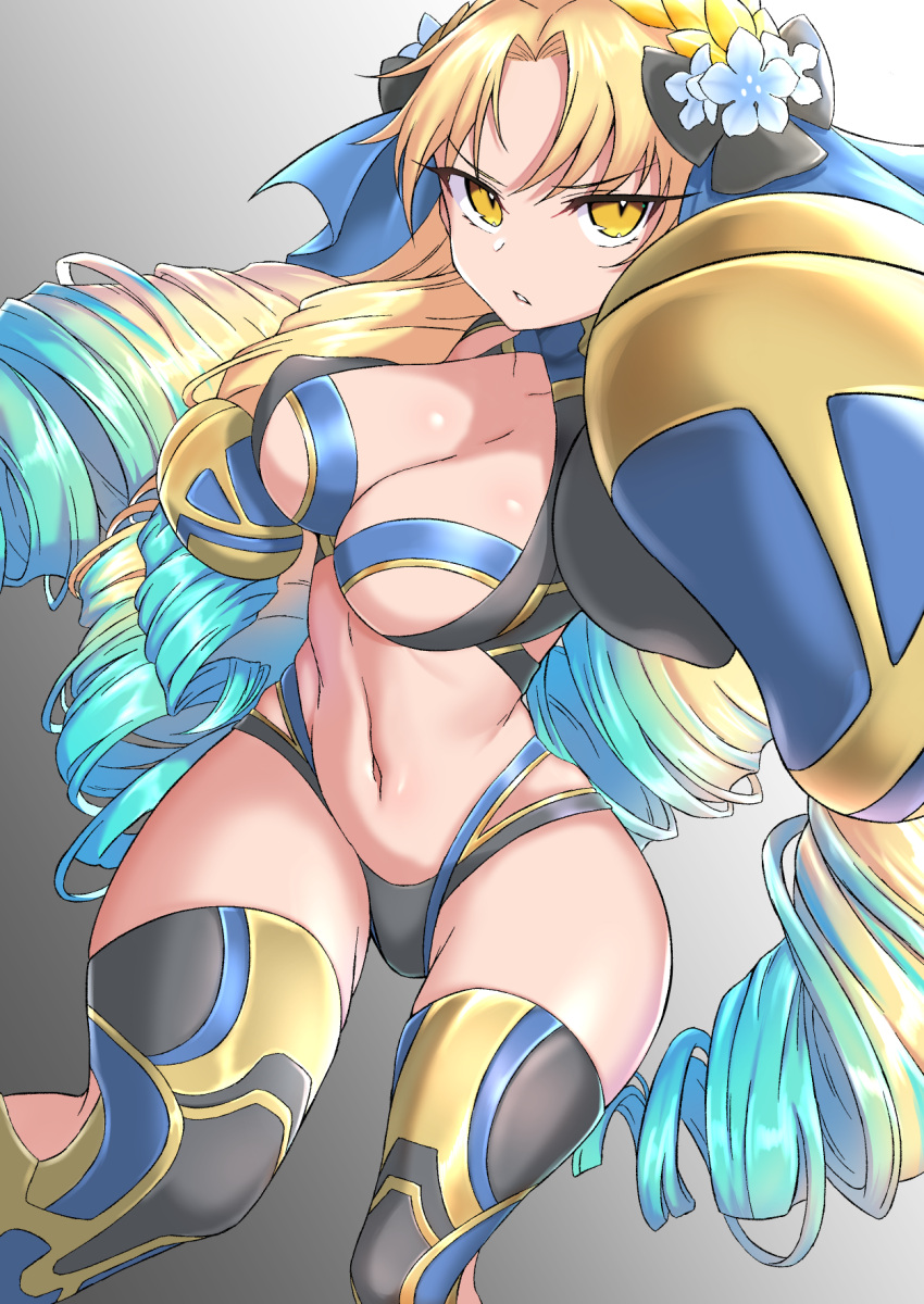 1girl astraea_(fate) astraea_(festival_outfit)_(fate) bangs black_panties blonde_hair blue_hair blue_ribbon boxing boxing_gloves breasts cleavage coyomin drill_hair fate/grand_order fate_(series) flower gold_trim gradient_hair hair_flower hair_ornament hair_ribbon highres large_breasts long_hair looking_at_viewer multicolored_hair navel panties parted_bangs quad_drills ribbon sports_bra thighhighs thighs underwear very_long_hair yellow_eyes