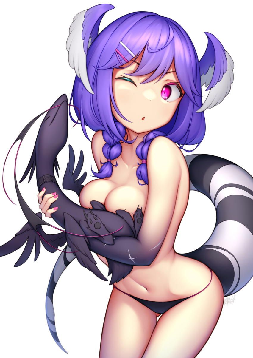 1girl absurdres ahoge bikini bikini_bottom_only black_bikini blush braid breasts dragon dragon_arm dragon_girl dragon_tail ember_(selen_tatsuki) hair_ornament hairclip head_wings highres medium_breasts medium_hair nijisanji nijisanji_en nitrus one_eye_closed pointy_ears purple_eyes purple_hair purple_wings selen_tatsuki simple_background solo standing swimsuit tail topless twin_braids virtual_youtuber white_background wings