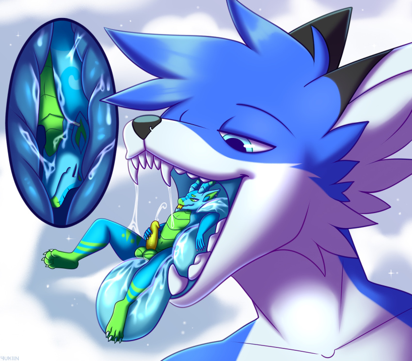 absurd_res anthro black_body black_fur blue_body blue_eyes blue_flesh blue_fur blue_scales blue_tongue bodily_fluids canid canine canis cum deaton dragon duo fur genital_fluids genitals green_body green_scales hi_res hybrid male male/male mammal micro penis saliva saliva_string scales size_difference swallowing teeth tongue vore white_body white_fur wolfdog yellow_penis yukiin