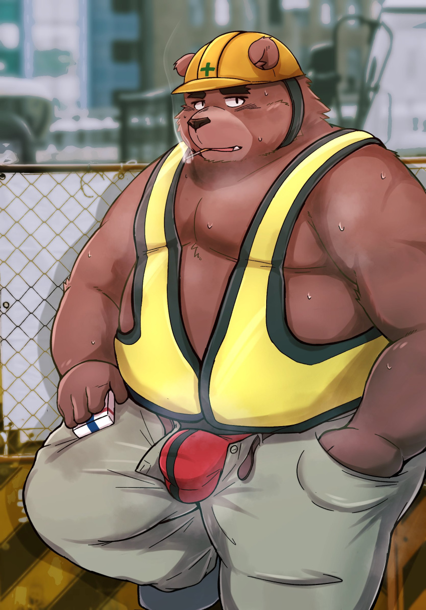 2022 anthro armor belly big_belly bodily_fluids bottomwear brown_body bulge clothing construction_worker hard_hat headgear helmet hi_res humanoid_hands i_0rai kemono male mammal musk outside overweight overweight_male pants shirt smoking solo sweat topwear underwear ursid