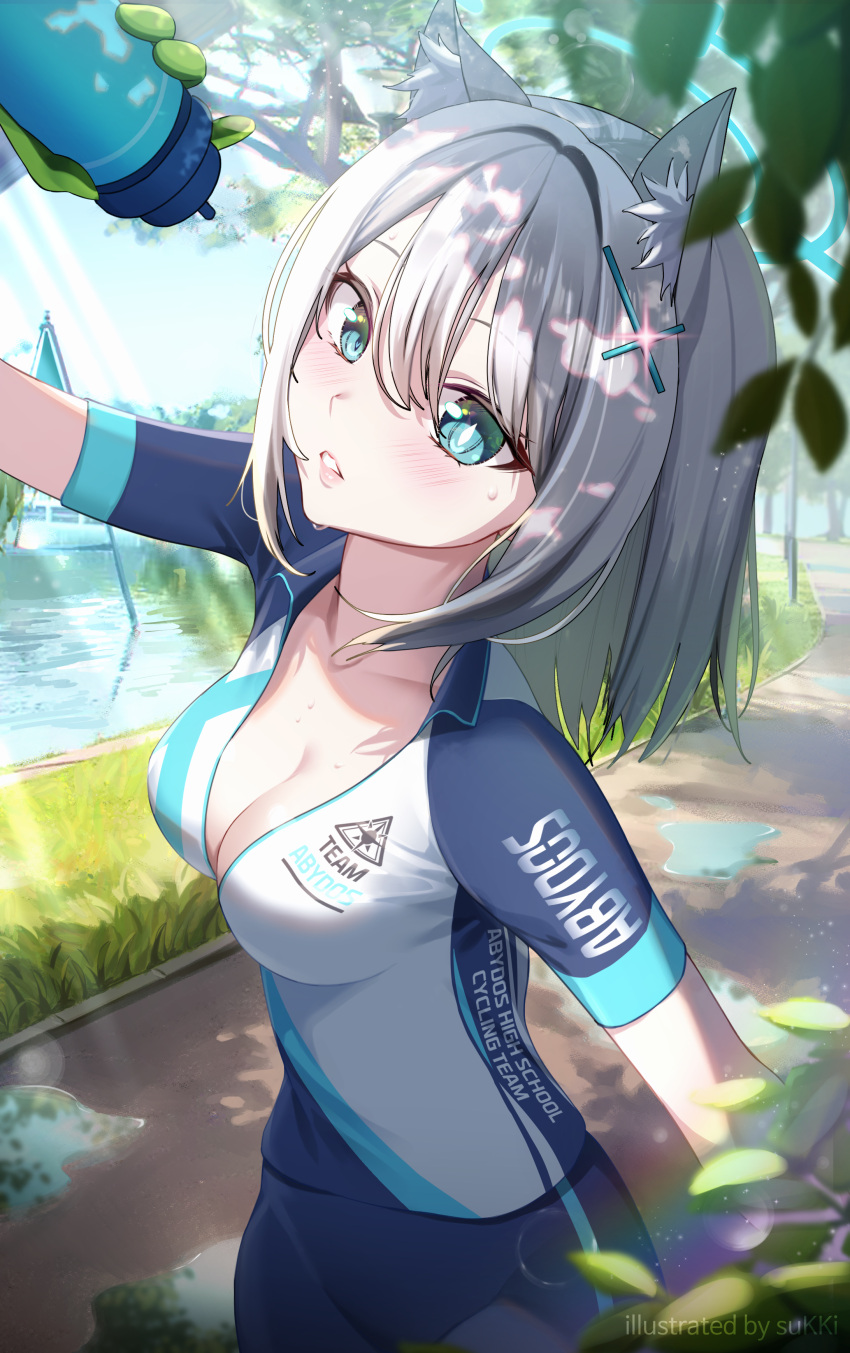 1girl absurdres animal_ear_fluff animal_ears arms_up bike_jersey bike_shorts biker_clothes bikesuit blue_archive bodysuit bottle breasts cleavage cross_hair_ornament cute_took cycling_uniform gloves green_gloves grey_hair hair_ornament halo highres holding holding_bottle mismatched_pupils shiroko_(blue_archive) shiroko_(cycling)_(blue_archive) short_hair