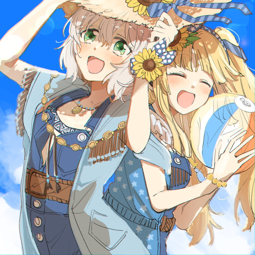 2girls ^_^ alternate_hairstyle aoba_moca ball bang_dream! beachball blonde_hair closed_eyes flower green_eyes grey_hair hair_between_eyes hat highres holding holding_clothes holding_hat long_hair multiple_girls open_mouth outdoors short_hair short_sleeves side_ponytail sky smile straw_hat sunflower tassel tsurumaki_kokoro upper_body zawameki