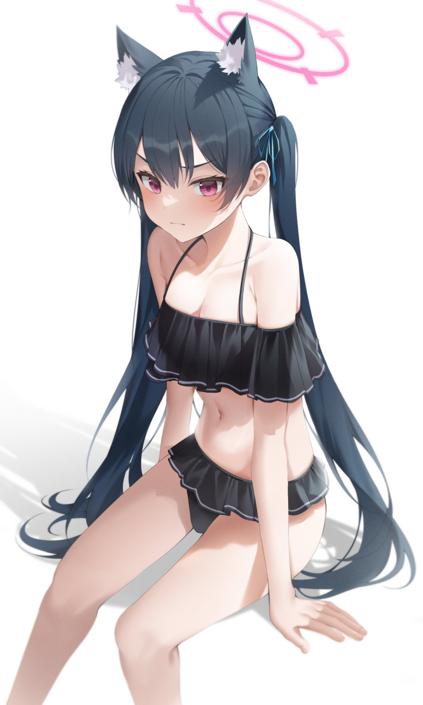 1girl absurdres animal_ear_fluff animal_ears bangs bikini black_hair blue_archive blush breasts cat_ears duyu eyebrows_visible_through_hair frilled_bikini frills halo highres long_hair looking_at_viewer navel red_eyes serika_(blue_archive) solo swimsuit twintails very_long_hair white_background
