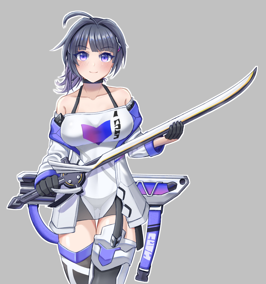 1girl absurdres ahoge bad_id bad_pixiv_id bangs bare_shoulders black_choker black_footwear boots choker closed_mouth grey_background highres holding holding_sword holding_weapon honkai_(series) honkai_impact_3rd jacket katana long_hair long_sleeves looking_at_viewer ponytail qwerjkl66 raiden_mei raiden_mei_(striker_fulminata) shirt simple_background smile solo sword thigh_boots weapon white_jacket white_shirt