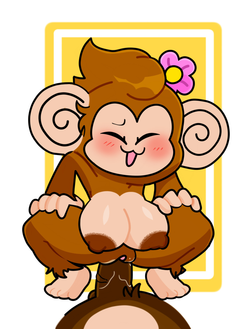 absurd_res accessory anthro areola blush brown_areola crouching duo female flower flower_in_hair genitals hair hair_accessory hands_on_hips haplorhine hi_res humanoid maio male male/female mammal meemee monkey open_mouth plant primate pussy sega super_monkey_ball