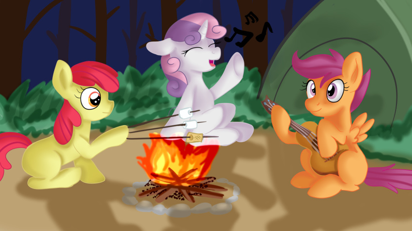 apple_bloom_(mlp) bonfire branch campfire candy cutie_mark_crusaders_(mlp) dessert earth_pony equid equine eyes_closed female fire food forest friendship_is_magic group guitar hasbro hi_res horn horse jbond mammal marshmallow musical_instrument my_little_pony night note open_mouth pegasus plant plucked_string_instrument pony scootaloo_(mlp) singing string_instrument sweetie_belle_(mlp) tent tongue tongue_out tree trio unicorn wings young