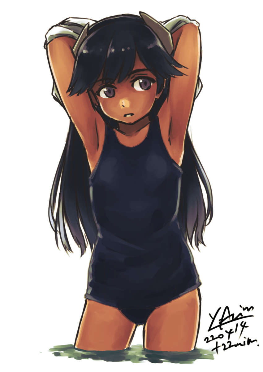 1girl arimura_yuu armpits arms_behind_head black_hair black_swimsuit brown_eyes dark-skinned_female dark_skin dated highres i-400_(kancolle) kantai_collection long_hair looking_at_viewer school_swimsuit signature simple_background soaking_feet solo standing swimsuit tan water white_background