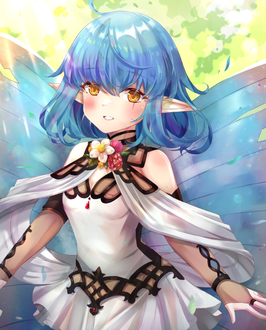 1girl ahoge bangs blue_hair elbow_gloves elf eyebrows_visible_through_hair fate/grand_order fate_(series) fingerless_gloves flower gloves highres hope_(fate) looking_at_viewer open_mouth orange_eyes pointy_ears ribbon short_hair skirt sleeveless smile solo torottye wings