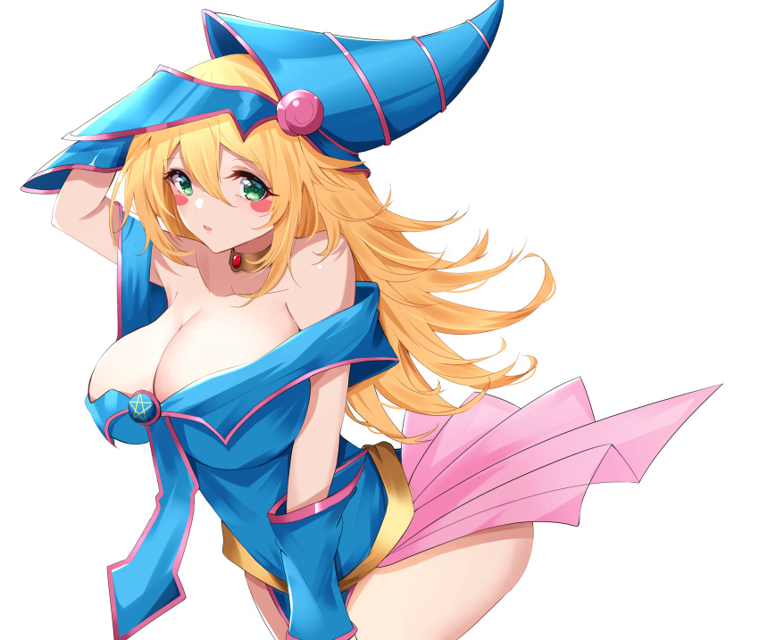 1girl absurdres arm_up bangs blonde_hair blue_dress blue_headwear blush_stickers breasts cleavage dark_magician_girl dreamoon dress from_side green_eyes hair_between_eyes hat highres jewelry large_breasts long_hair looking_at_viewer looking_to_the_side neck_ring off-shoulder_dress off_shoulder parted_lips pentagram pink_trim short_dress simple_background white_background wizard_hat yu-gi-oh!