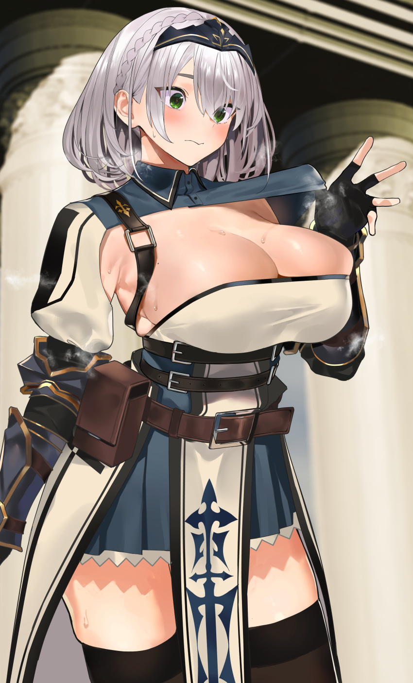 1girl absurdres armor bangs belt belt_pouch black_legwear blush breasts brown_belt chest_harness cleavage cleavage_cutout clothing_cutout collared_dress dress green_eyes grey_hair harness highres hololive jikatarou large_breasts leather_belt mole mole_on_breast pauldrons pelvic_curtain pouch puffy_sleeves shirogane_noel short_dress short_hair shoulder_armor single_pauldron solo thighhighs virtual_youtuber waist_cape