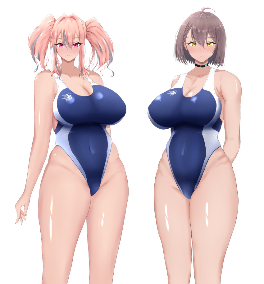 2girls ahoge alternate_costume arms_behind_back azur_lane baltimore_(azur_lane) bangs bare_shoulders black_choker blush braid breasts bremerton_(azur_lane) brown_hair choker cleavage closed_mouth competition_swimsuit eagle_union_(emblem) grey_hair hair_between_eyes highleg highleg_swimsuit highres huge_breasts impossible_clothes impossible_swimsuit large_breasts long_hair multicolored_clothes multicolored_hair multicolored_swimsuit multiple_girls one-piece_swimsuit pink_eyes pink_hair plump ranhatu shiny shiny_skin shirt short_hair side_braid smile standing streaked_hair swimsuit thighs twintails two-tone_hair white_shirt yellow_eyes