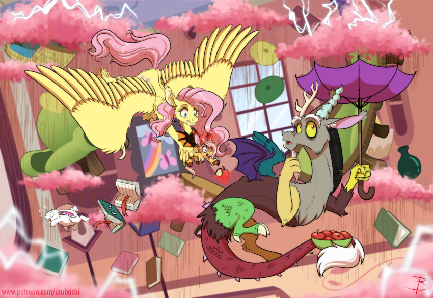 amber_sclera angel_(mlp) apple blue_eyes candy chimera chocolate chocolate_rain dessert discord_(mlp) draconequus equid equine fangs female fluttershy_(mlp) food friendship_is_magic hasbro hi_res inuhoshi-to-darkpen lagomorph leporid male mammal my_little_pony pegasus rabbit raincloud raining red_eyes serenity_(oc) umbrella wings