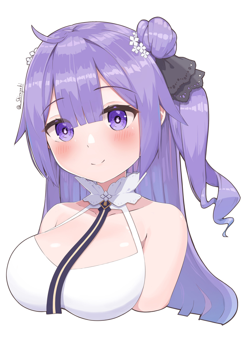 1girl ahoge artist_request azur_lane breasts criss-cross_halter dress hair_bun halterneck highres large_breasts long_hair looking_at_viewer one_side_up purple_eyes purple_hair retrofit_(azur_lane) single_hair_bun single_side_bun smile solo unicorn_(azur_lane) upper_body white_dress