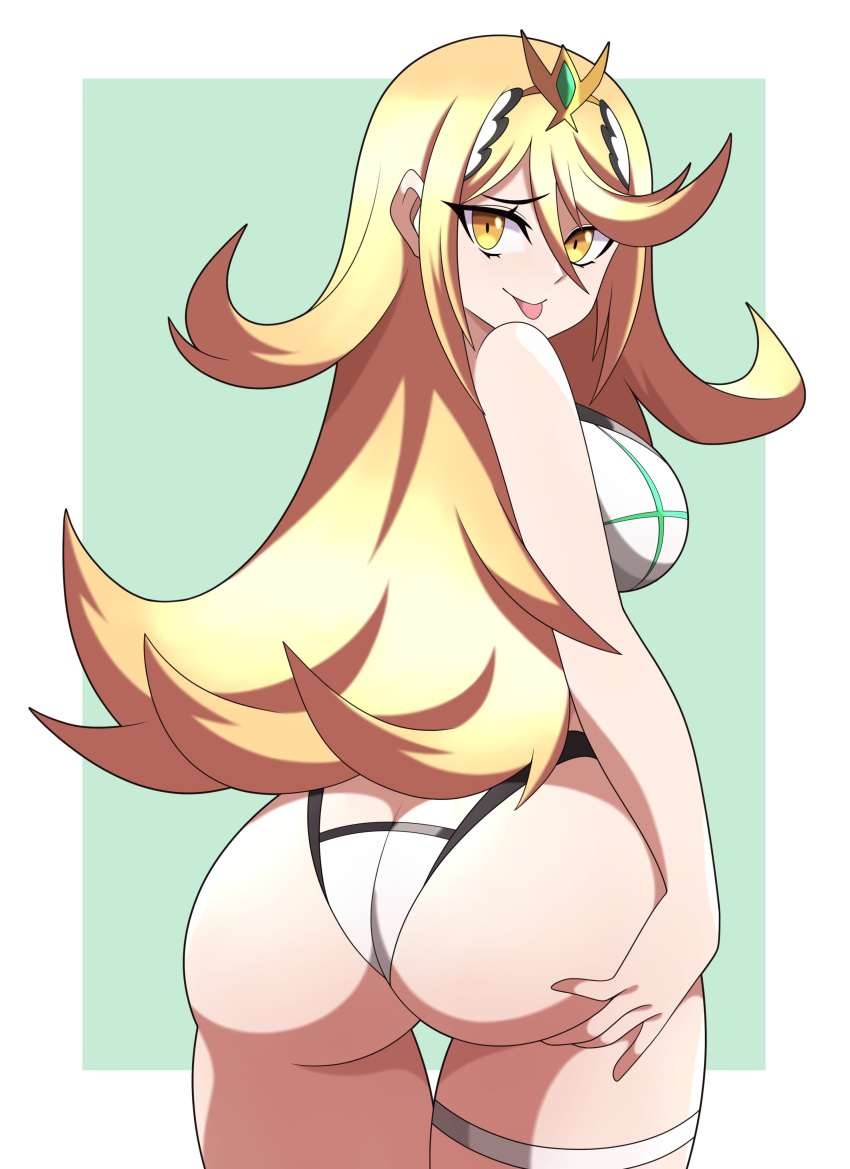 1girl absurdres abysswatchers ass bangs bare_shoulders blonde_hair breasts earrings gem hair_between_eyes hand_on_own_ass headpiece highres huge_ass jewelry large_breasts long_hair looking_at_viewer mythra_(radiant_beach)_(xenoblade) mythra_(xenoblade) one-piece_swimsuit sidelocks simple_background smile solo strapless strapless_swimsuit swept_bangs swimsuit thigh_strap thighs tiara tongue tongue_out very_long_hair white_swimsuit xenoblade_chronicles_(series) xenoblade_chronicles_2 yellow_eyes