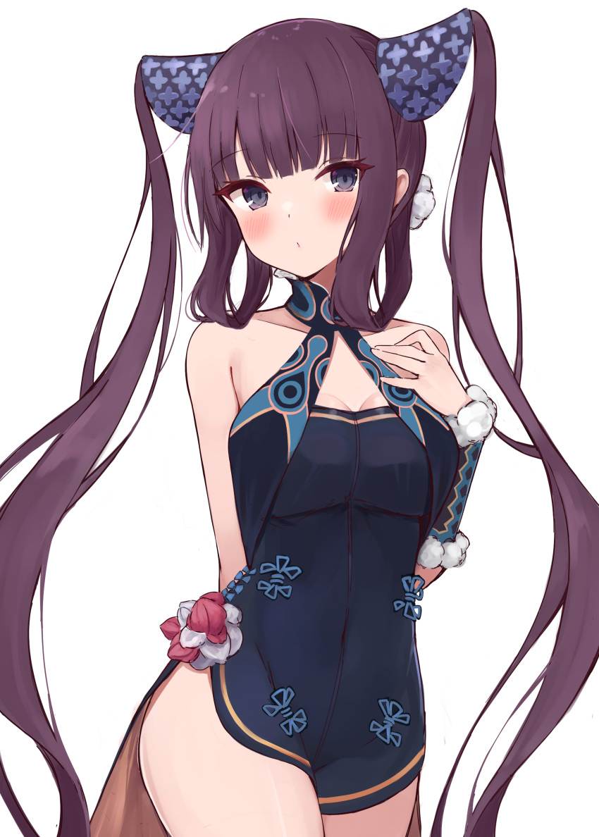 1girl absurdres bangs bare_shoulders black_dress blue_eyes blush breasts china_dress chinese_clothes cleavage detached_sleeves dress fate/grand_order fate_(series) hair_ornament highres large_breasts long_hair looking_at_viewer purple_hair shimejirou_(000kk) side_slit sidelocks solo thighs twintails very_long_hair white_background yang_guifei_(fate)