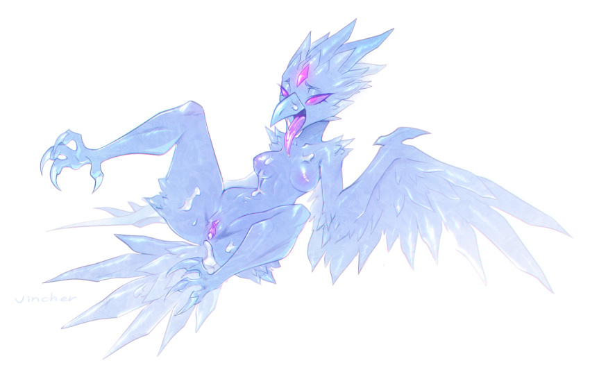 2022 absurd_res after_anal after_sex afterglow anivia_(lol) anthro avian beak blue_body bodily_fluids breasts cum cum_from_ass cum_in_ass cum_inside cum_on_leg elemental_creature female genital_fluids genitals hi_res ice ice_creature league_of_legends lying mineral_fauna nipples non-mammal_breasts non-mammal_nipples nude on_back purple_eyes pussy riot_games simple_background solo spread_legs spreading tongue tongue_out video_games vincher white_background