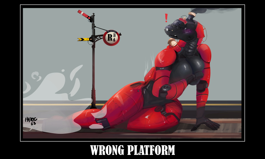 anthro big_breasts black_and_red black_body blush blush_lines breasts covering covering_breasts covering_self distressed exclamation_point eyeless female harry_potter havoc63 hi_res hogwarts_express living_machine living_train living_vehicle machine platform pole railway_track red_body semaphore signal_light smoke solo steam steam_locomotive text vehicle