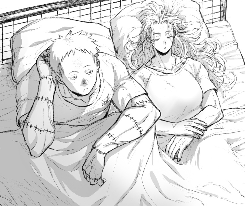 1boy 1girl :o bed blanket breasts closed_eyes collarbone dorohedoro from_above greyscale hand_on_own_head highres ki_(mxxxx) knees_up long_hair looking_at_another lying monochrome no_eyewear noi_(dorohedoro) on_back on_bed pillow shared_blanket shin_(dorohedoro) shirt short_hair short_sleeves sideways_glance sitting sleeping stitched_arm stitched_fingers stitched_hand t-shirt under_covers