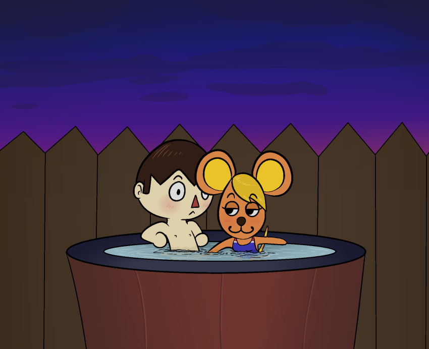 animal_crossing anthro bettina_(animal_crossing) bikini blonde_hair blush brown_hair clothing cloud duo evening female female_on_top fence fur hair happy_harvey hi_res hot_tub human human_on_anthro implied_handjob interspecies lidded_eyes male male/female mammal mouse murid murine nintendo nipples on_top orange_body orange_fur phone_drawing reach_around reaching reaching_down_pants rodent suprised_look swimwear video_games villager_(animal_crossing)