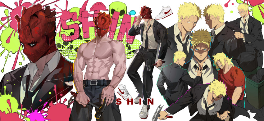 1boy abs absurdres belt bijian_de_linghun black_jacket black_necktie black_pants blonde_hair character_name collared_shirt dorohedoro formal glasses hammer hand_in_pocket hand_up highres holding holding_hammer holding_weapon jacket long_sleeves looking_at_viewer male_focus mask_lift multiple_views muscular muscular_male necktie nike outstretched_arm pants profile red_shirt shaded_face shin_(dorohedoro) shirt shoes short_hair short_sleeves sitting skull_print sneakers splatter standing stitched_arm stitched_fingers suit t-shirt topless_male trash_bag trash_can weapon white_background white_footwear white_shirt younger