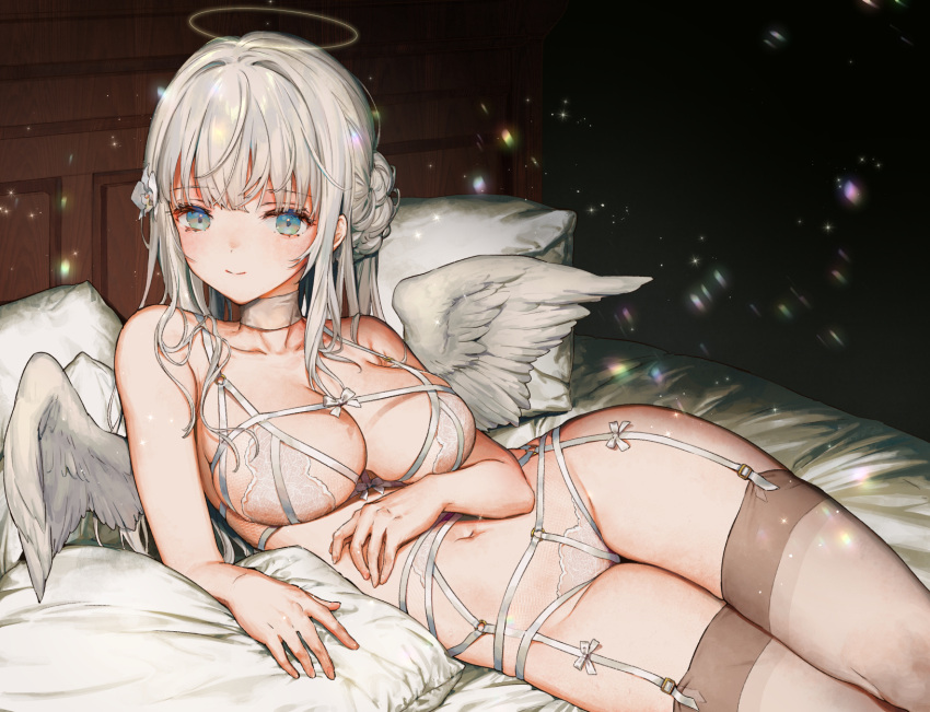 1girl angel angel_wings aqua_eyes bangs blush bow bra breasts chest_strap choker closed_mouth collarbone garter_straps hair_bun halo head_tilt highres lace lace_bra lace_panties large_breasts lingerie long_hair looking_at_viewer lying navel on_back on_bed original panties pillow sidelocks smile solo thighhighs thighs underwear white_bow white_choker white_hair white_legwear wings yutsumoe