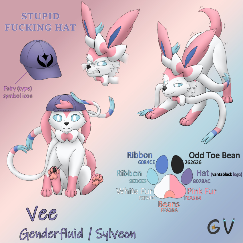 2022 3/4_view 4_toes accessory ambiguous_gender arm_markings backwards_baseball_cap backwards_hat barefoot baseball_cap big_ears black_nose blue_ears blue_eyes blue_ribbon blue_sclera bow_ribbon bow_tie canid canine clothing cute_expression cute_eyes digital_media_(artwork) ear_tuft eeveelution english_text fangs feet feral fluffy fluffy_ears fluffy_tail front_view fur fur_markings fur_tuft garyvice gesture gloves_(marking) hair_accessory hair_bow hair_ribbon happy hat head_tuft headgear headwear hi_res hindpaw leg_markings light_body light_fur looking_at_viewer mammal markings model_sheet monotone_tail multicolored_body multicolored_bow multicolored_ears multicolored_fur multicolored_ribbon nintendo nude pawpads paws pink_body pink_bow pink_ears pink_fur pink_markings pink_pawpads pink_ribbon pink_tail pok&eacute;mon pok&eacute;mon_(species) pose prick_ears profanity pupils raised_tail ribbons shaded sharp_teeth side_view signature simple_background smile snarling socks_(marking) solo solo_focus standing sylveon teeth text toes tuft two_tone_body two_tone_bow two_tone_ears two_tone_fur two_tone_ribbon vee_(vee) video_games white_body white_bow white_ears white_fur white_pupils white_ribbon