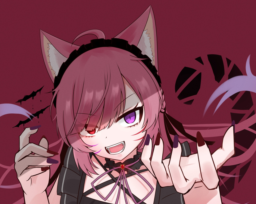 absurdres ahoge angry animal_(vocaloid) animal_ears bangs beckoning cat_ears cat_tail claw_mark collared_shirt dress facepaint facial_mark fangs fingernails frilled_dress frilled_hairband frills gothic_lolita gradient_hair hairband heterochromia highres indie_virtual_youtuber lolita_fashion magenta_background mikeneko_(utaite) milk_tea_1993 multicolored_hair open_mouth patterned_background purple_eyes purple_ribbon red_eyes ribbon shirt sidelocks simple_background smile tail tsurime whisker_markings