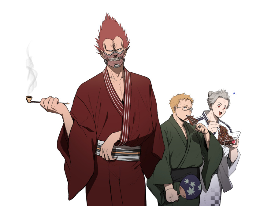 1girl 2boys :d arm_out_of_sleeve biting blonde_hair box chopsticks dorohedoro earrings eating en_(dorohedoro) facial_mark food forehead_mark glasses green_kimono grey_hair hair_bun hand_fan hand_up happy heart highres holding holding_chopsticks holding_fan holding_food holding_smoking_pipe ikayaki japanese_clothes jewelry ki_(mxxxx) kimono long_sleeves looking_at_viewer mask mouth_mask multiple_boys noi_(dorohedoro) noodles open_mouth paper_fan red_eyes red_hair red_kimono sash shin_(dorohedoro) short_hair simple_background single_hair_bun smile smoke smoking_pipe stitched_arm uchiwa updo white_background yakisoba yukata