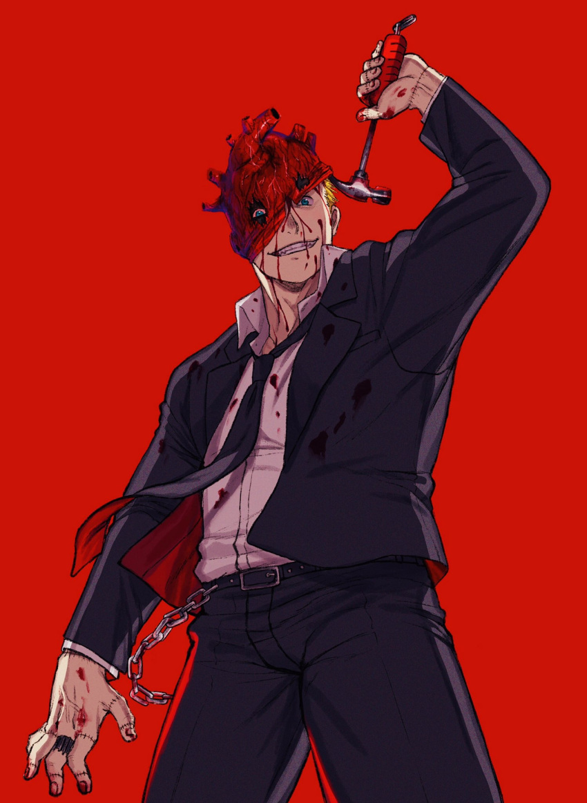 1boy arm_at_side arm_up belt black_jacket black_necktie black_pants blonde_hair blood blood_on_clothes blood_on_face blood_on_hands blue_eyes chain collared_shirt cowboy_shot dorohedoro dress_shirt formal from_below glasses grin hammer highres holding holding_hammer holding_weapon incoming_attack jacket jewelry ki_(mxxxx) long_sleeves looking_at_viewer looking_down male_focus mask_lift necktie pants red_background ring shin_(dorohedoro) shirt short_hair simple_background smile solo stitched_fingers stitched_hand suit two-sided_fabric two-sided_jacket weapon white_shirt wind