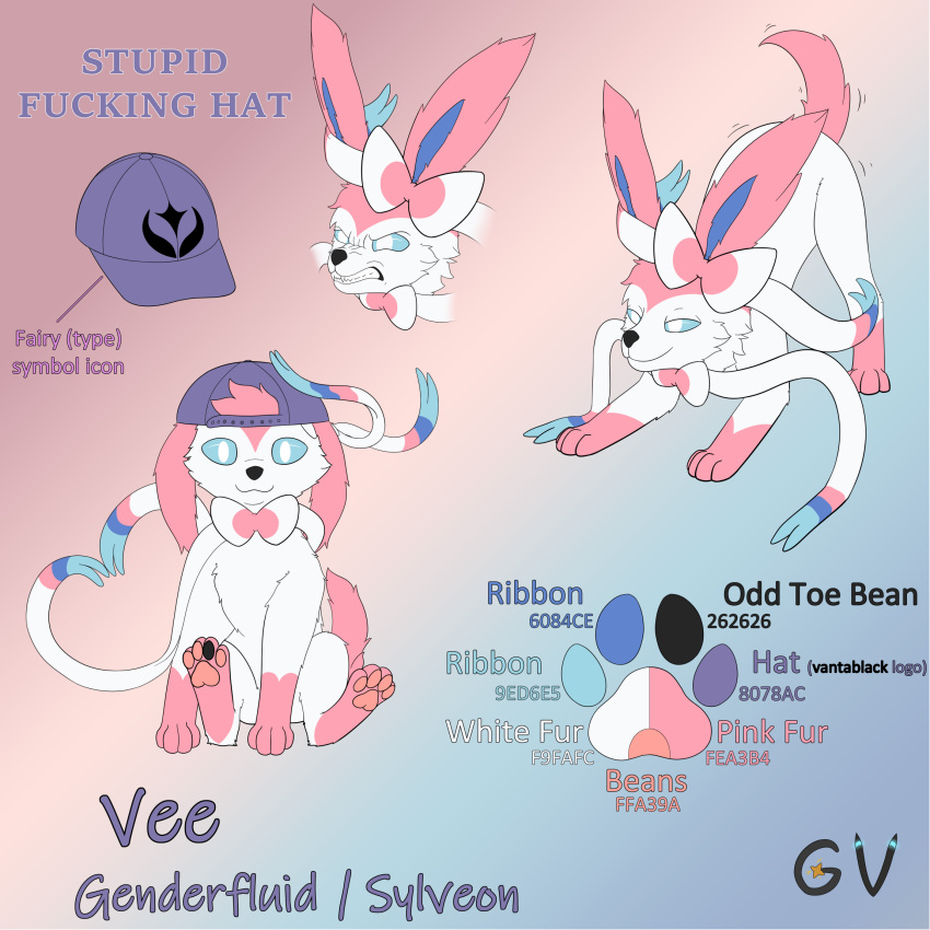 2022 3/4_view 4_toes accessory ambiguous_gender arm_markings backwards_baseball_cap backwards_hat barefoot baseball_cap big_ears black_nose blue_ears blue_eyes blue_ribbon blue_sclera bow_ribbon bow_tie canid canine clothing cute_expression cute_eyes digital_media_(artwork) ear_tuft eeveelution english_text fangs feet feral fluffy fluffy_ears fluffy_tail front_view fur fur_markings fur_tuft garyvice gesture gloves_(marking) hair_accessory hair_bow hair_ribbon happy hat head_tuft headgear headwear hi_res hindpaw leg_markings light_body light_fur looking_at_viewer mammal markings model_sheet monotone_tail multicolored_body multicolored_bow multicolored_ears multicolored_fur multicolored_ribbon nintendo nude pawpads paws pink_body pink_bow pink_ears pink_fur pink_markings pink_pawpads pink_ribbon pink_tail pok&eacute;mon pok&eacute;mon_(species) pose prick_ears profanity pupils raised_tail ribbons sharp_teeth side_view signature simple_background smile snarling socks_(marking) solo solo_focus standing sylveon teeth text toes tuft two_tone_body two_tone_bow two_tone_ears two_tone_fur two_tone_ribbon vee_(vee) video_games white_body white_bow white_ears white_fur white_pupils white_ribbon