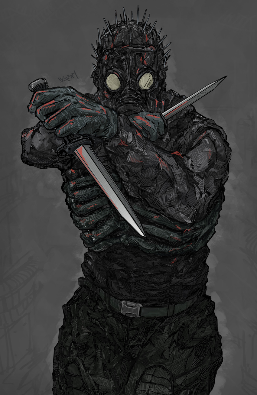 1boy absurdres armor aura belt caiman_(dorohedoro) covered_face cowboy_shot dorohedoro dual_wielding facing_viewer fighting_stance gas_mask gloves grey_background grey_theme highres holding holding_weapon knife male_focus mask outstretched_arms pants reaching_out reverse_grip ribs shirt simple_background sleeveless snap-fit_buckle solo spikes tight tight_shirt tumubar117 weapon