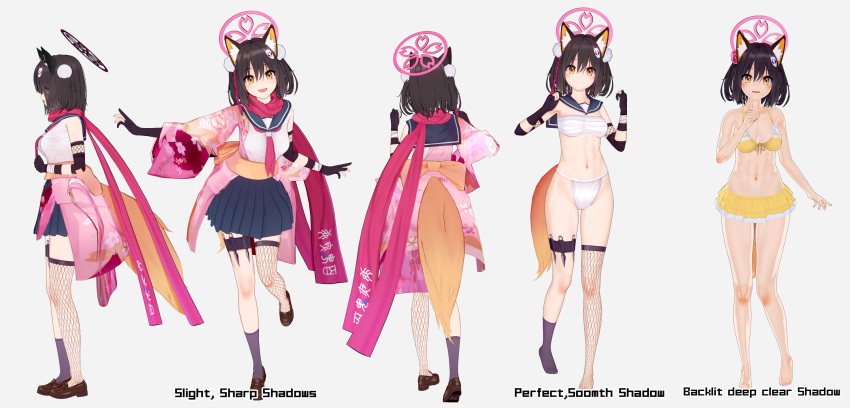 1girl 3d :d animal_ear_fluff animal_ears asymmetrical_gloves bangs bikini black_gloves black_hair black_skirt blue_archive blush breasts brown_eyes commentary_request elbow_gloves ellenlaire fang fox_ears fox_girl fox_tail gloves hair_between_eyes halo happy highres izuna_(blue_archive) koikatsu_(medium) long_sleeves looking_at_viewer mask mask_on_head medium_breasts multiple_persona partially_fingerless_gloves shirt single_thighhigh skirt sleeveless sleeveless_shirt smile solo swimsuit tail thighhighs weapon white_background white_shirt wide_sleeves