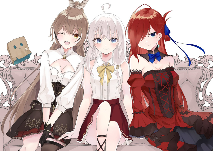 3girls ahoge bangs belt blue_eyes blue_ribbon brown_corset brown_eyes brown_hair cleavage_cutout clothing_cutout collared_shirt corset couch crystal_earrings detached_collar detached_sleeves dress earrings elaina_(majo_no_tabitabi) feather_hair_ornament feathers friend_(nanashi_mumei) frilled_shirt frilled_sleeves frills gloves hair_between_eyes hair_ornament hair_over_one_eye hair_ribbon hairclip highres hololive hololive_english jewelry long_hair looking_at_viewer loud0715 majo_no_tabitabi multicolored_hair multiple_girls nanashi_mumei neck_ribbon one_eye_closed partially_fingerless_gloves pleated_skirt ponytail red_dress red_hair red_skirt ribbon riviere_(inori_no_kuni_no_riviere) shirt single_thighhigh sitting skirt sleeveless sleeveless_shirt smile streaked_hair thigh_strap thighhighs very_long_hair virtual_youtuber white_hair white_shirt witch yellow_ribbon