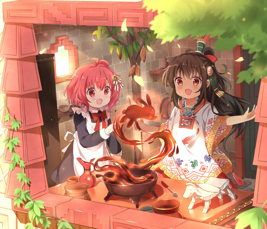 2girls :d absurdres ahoge apron aztec bangs black_dress blush bow brick_wall brown_hair chocolate commentary_request dark-skinned_female dark_skin dress frilled_apron frills hair_between_eyes hair_ornament highres holding holding_wand jug long_hair long_sleeves maid maid_apron mexico multiple_girls one_side_up original poncho red_bow red_eyes red_hair smile spoon stick_jitb wand white_apron window