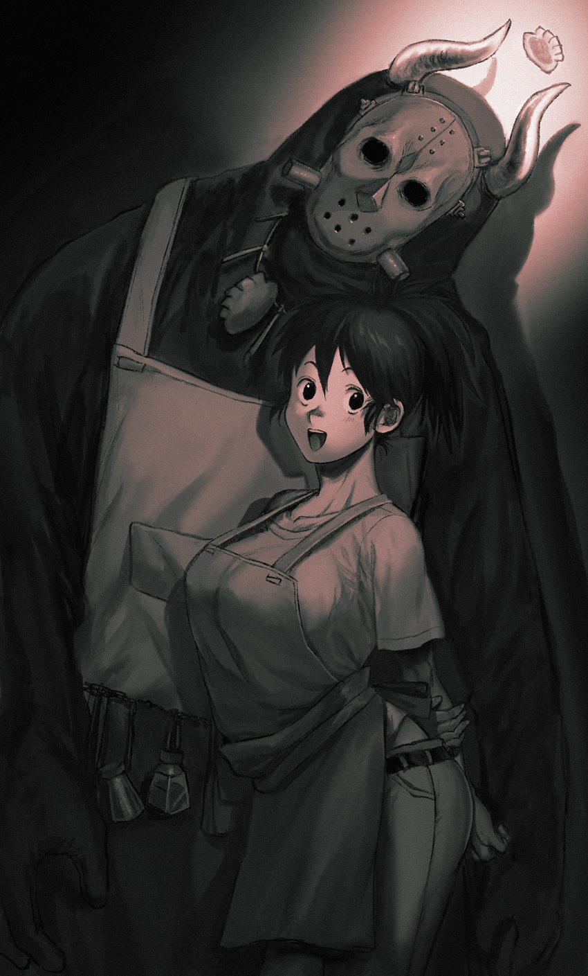 1girl :d absurdres apron arms_behind_back belt bottle breasts cowboy_shot demon dorohedoro drop_shadow dual_persona dumpling floating floating_object food hand_on_own_arm height_difference highres hood hood_up hooded_robe jewelry jiaozi ki_(mxxxx) large_breasts leaning_to_the_side looking_at_viewer mask monochrome necklace nikaidou_(dorohedoro) pants pendant ponytail short_sleeves sidelocks smile spoilers standing