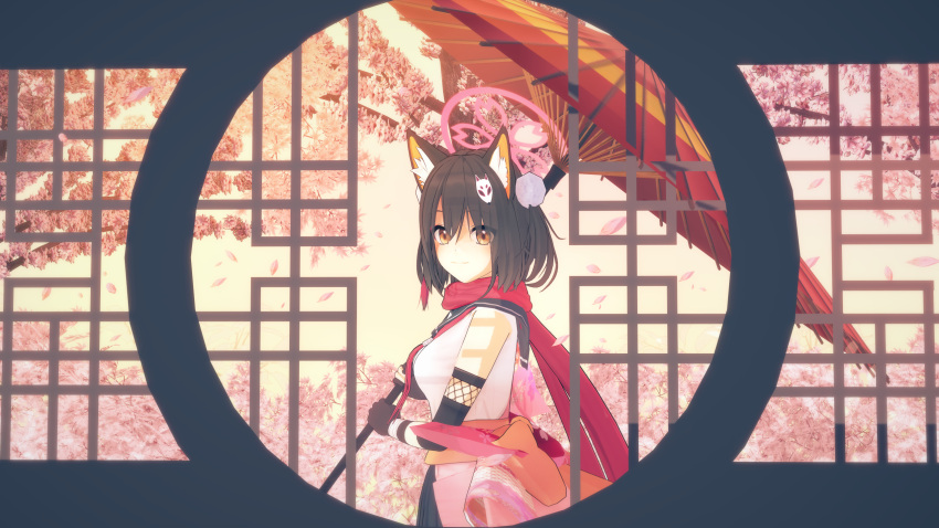 1girl 3d :d animal_ear_fluff animal_ears asymmetrical_gloves bangs black_gloves black_hair black_skirt blue_archive blush breasts brown_eyes commentary_request elbow_gloves ellenlaire fang fox_ears fox_girl fox_tail gloves hair_between_eyes halo happy highres izuna_(blue_archive) koikatsu_(medium) long_sleeves looking_at_viewer mask mask_on_head medium_breasts oil-paper_umbrella partially_fingerless_gloves shirt single_thighhigh skirt sleeveless sleeveless_shirt smile solo tail thighhighs umbrella weapon white_background white_shirt wide_sleeves