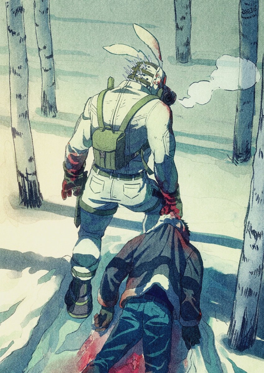 2boys animal_ears backpack bag belt black_footwear black_jacket blood blood_on_clothes blood_on_ground blood_on_hands blue_pants boots breasts caiman_(dorohedoro) day dorohedoro dragging forest fur-trimmed_jacket fur_trim gas_mask gloves green_gloves highres iwamushi jacket male_focus mask multiple_boys nature outdoors pants rabbit_ears snow solo_focus spikes tree tree_shade walking white_jacket white_pants