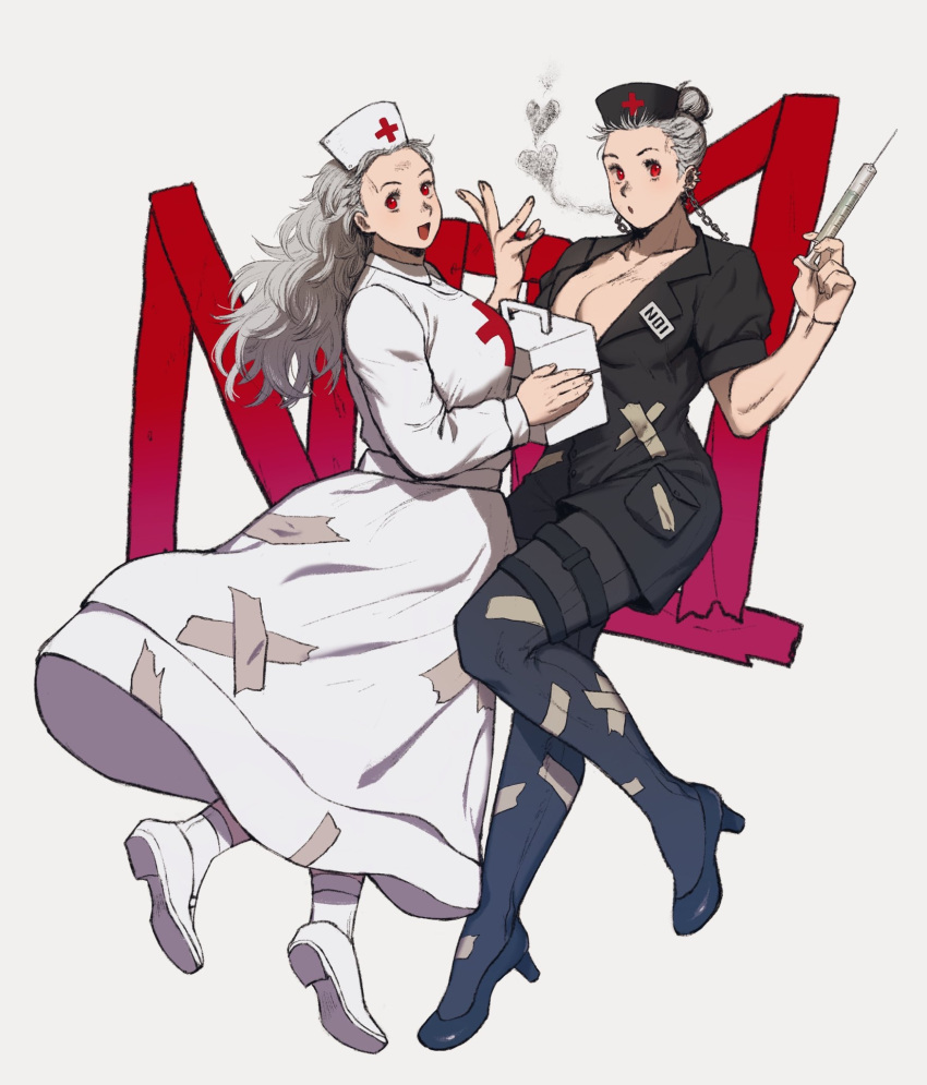 2girls :d black_footwear black_headwear black_legwear blowing_smoke breasts chain cleavage cross cross_print dorohedoro dress dual_persona earrings first_aid_kit full_body grey_hair hair_bun hands_up hat heart high_heels highres holding holding_syringe inverted_cross jewelry ki_(mxxxx) large_breasts long_dress long_hair long_sleeves looking_at_viewer multiple_girls noi_(dorohedoro) nurse nurse_cap pantyhose puffy_short_sleeves puffy_sleeves red_cross red_eyes shoe_soles shoes short_jumpsuit short_sleeves single_hair_bun smile smoke syringe tape updo white_dress white_footwear white_headwear white_legwear