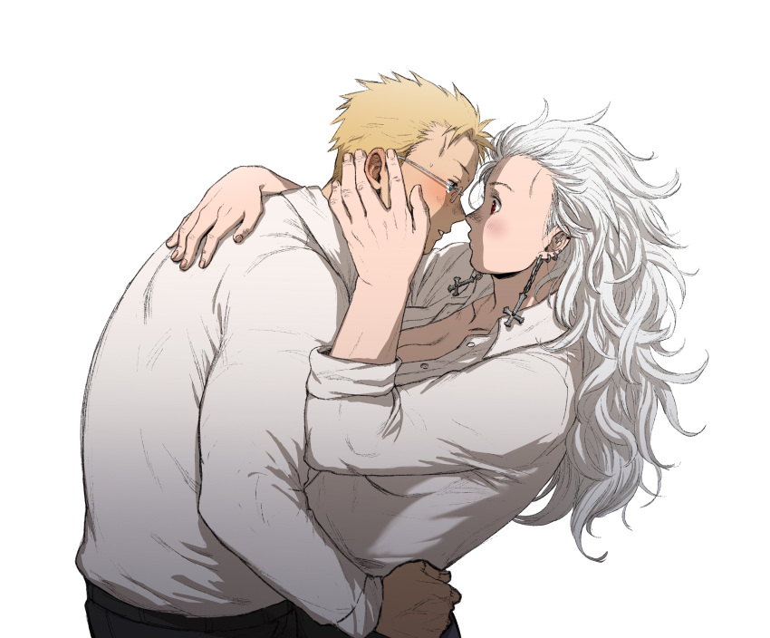 1boy 1girl absurdres blonde_hair blush collared_shirt couple cross dorohedoro dress_shirt ear_piercing earrings eye_contact face-to-face from_side glasses grey_hair hand_on_another's_back hand_on_another's_cheek hand_on_another's_face hand_on_another's_hip hand_up hetero highres hug inverted_cross jewelry ki_(mxxxx) leaning_forward leaning_on_person long_hair long_sleeves looking_at_another noi_(dorohedoro) nose_blush partially_unbuttoned piercing red_eyes shin_(dorohedoro) shirt short_hair simple_background upper_body white_background white_shirt