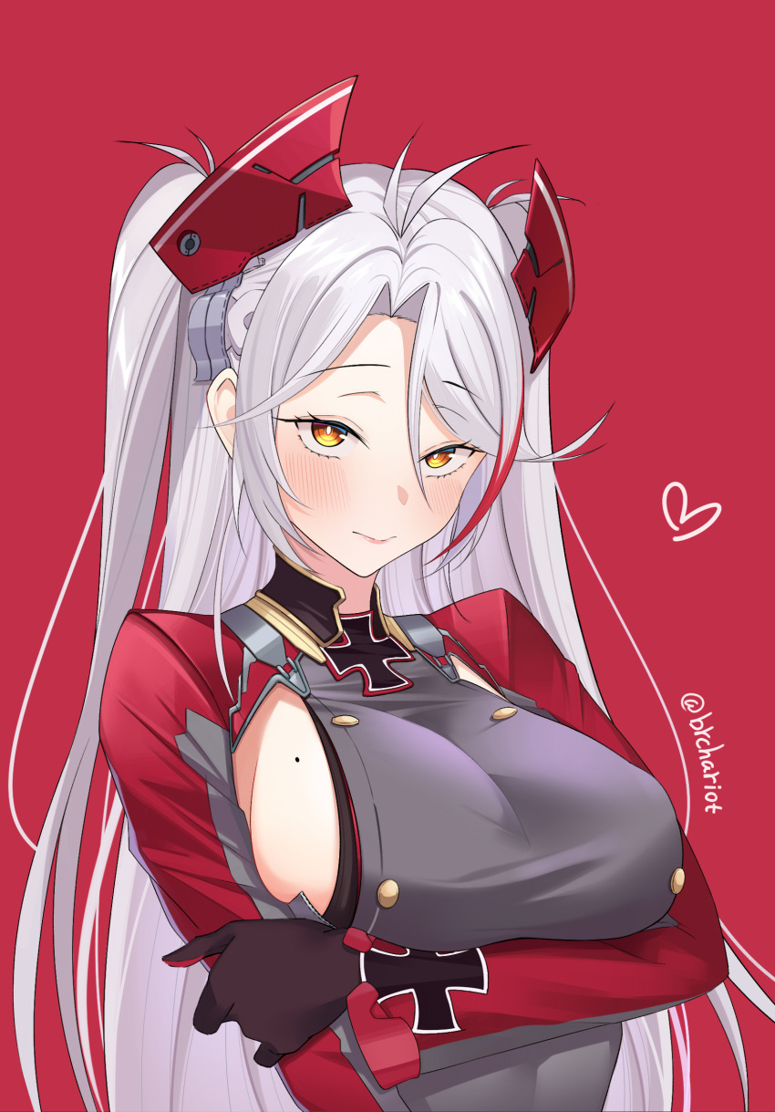 1girl antenna_hair azur_lane bangs blush breast_hold breasts brown_gloves buttons closed_mouth cross double-breasted gloves grabbing_own_arm hair_between_eyes heart highres iron_cross large_breasts long_hair long_sleeves looking_at_viewer mole mole_on_breast multicolored_hair parted_bangs prinz_eugen_(azur_lane) red_background red_hair sideboob simple_background smile solo streaked_hair symbol-only_commentary twitter_username two_side_up upper_body very_long_hair watermark white_hair xiaoxiao_de_kuangsan yellow_eyes