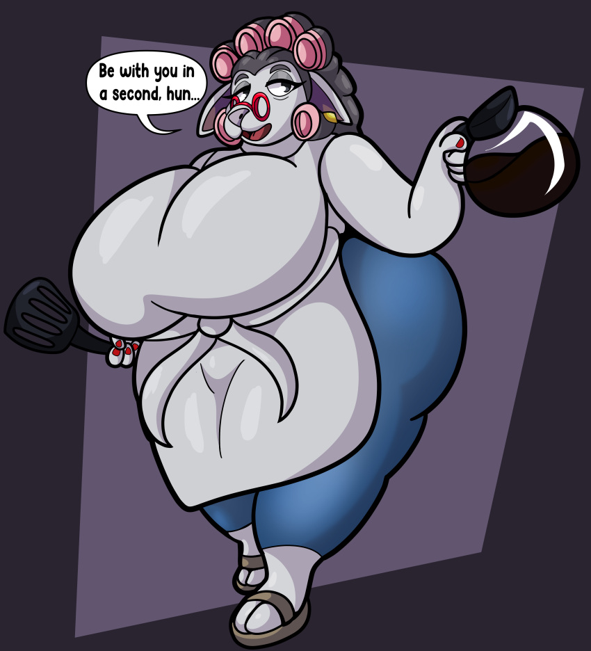 absurd_res anthro apron beverage beware_the_shadowcatcher big_breasts blue_bottomwear blue_clothing blue_jeans blue_pants bottomwear bovid breasts caprine clothed clothing coffee coffee_pot colored_nails curlers denim denim_clothing dialogue ear_piercing eyelashes eyewear female footwear fur glasses grey_background grey_body grey_eyes grey_fur grey_hair hair hi_res holding_object huge_breasts jeans mammal maude_(bts) nails open_mouth pants piercing red_nails sandals sheep simple_background solo someth1ngoranother spatula speech_bubble text thick_thighs tools wide_hips