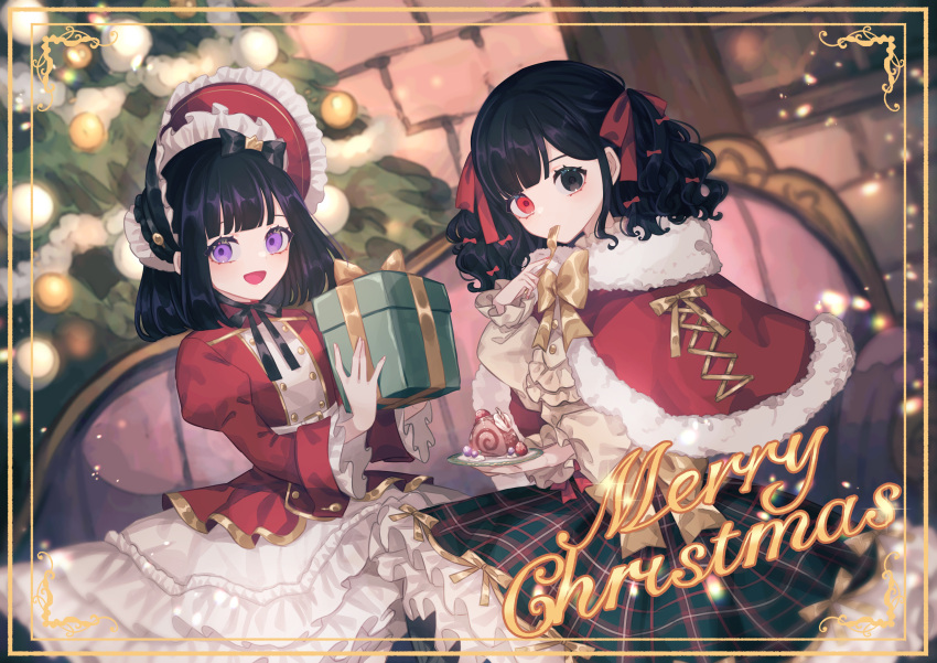 2girls :d absurdres akikawa_higurashi bangs black_eyes black_hair blueberry blunt_bangs blush bonnet border bow bowtie brick_wall cake capelet christmas christmas_ornaments christmas_tree collet_(akikawa_higurashi) couch cream food fork frills fruit fur-trimmed_capelet fur_collar fur_trim hair_bow hair_ribbon hand_up heterochromia highres holding holding_fork holding_plate indoors juliet_sleeves light_particles lolita_fashion long_sleeves looking_at_viewer medium_hair merry_christmas multiple_girls neck_ribbon open_mouth original petticoat plaid plaid_skirt plate puffy_sleeves purple_eyes red_eyes ribbon sitting skirt smile strawberry striped striped_legwear swiss_roll tinsel twintails utensil_in_mouth wafer_stick wavy_hair window