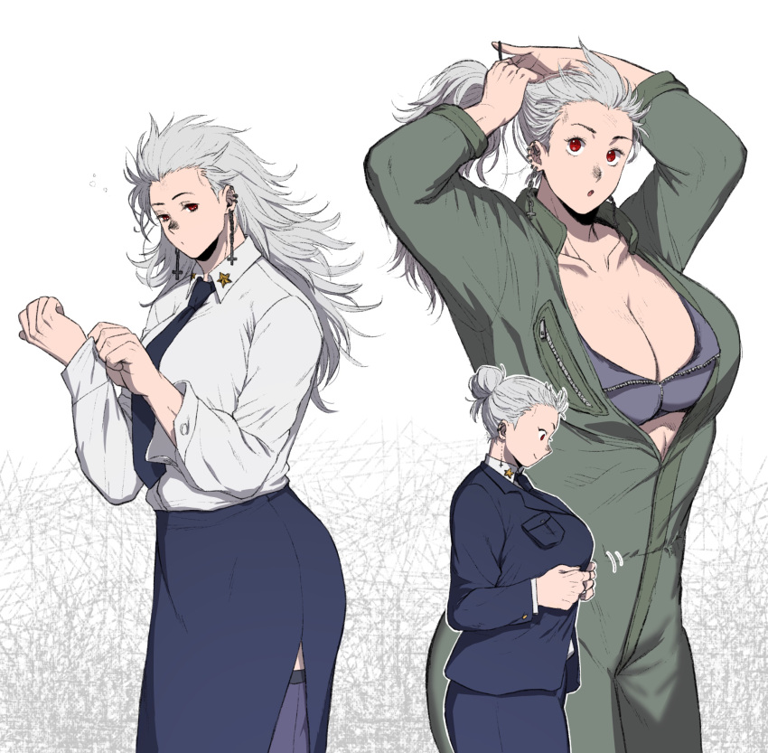 1girl :o arms_behind_head arms_up blue_jacket blue_necktie blue_skirt bra breasts buttoning cleavage collarbone collared_shirt cowboy_shot cross dorohedoro dressing ear_piercing earrings formal grey_hair hair_bun hair_tie half-closed_eyes hands_up highres inverted_cross jacket jewelry jumpsuit ki_(mxxxx) large_breasts long_hair long_sleeves looking_at_viewer multiple_views necktie noi_(dorohedoro) partially_unzipped pencil_skirt piercing profile red_eyes shirt side_slit single_hair_bun skirt skirt_suit star_(symbol) suit tying_hair underwear updo white_background white_shirt zipper