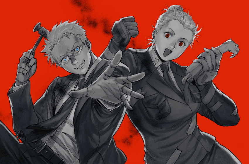 1boy 1girl :d belt blonde_hair breast_pocket breasts clenched_hands clenched_teeth collared_shirt dorohedoro earrings formal glasses gloves hair_bun hair_pulled_back hammer hand_up hands_up highres holding holding_hammer holding_limb holding_weapon jacket jewelry ki_(mxxxx) large_breasts leaning_to_the_side long_sleeves looking_at_viewer necktie noi_(dorohedoro) outstretched_arm palms pocket reaching_out red_background red_eyes severed_limb shin_(dorohedoro) shirt short_hair single_hair_bun skirt_suit smile smoke spot_color star_(symbol) stitched_fingers suit teeth updo upper_body weapon white_shirt