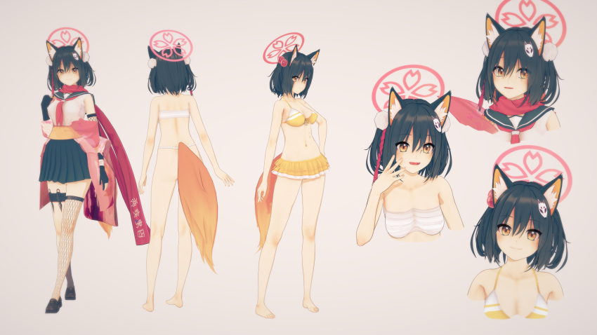 1girl 3d :d animal_ear_fluff animal_ears asymmetrical_gloves back bangs bikini black_gloves black_hair black_skirt blue_archive blush breasts brown_eyes commentary_request elbow_gloves ellenlaire fang fox_ears fox_girl fox_tail from_behind full_body gloves hair_between_eyes halo happy highres izuna_(blue_archive) koikatsu_(medium) long_sleeves looking_at_viewer mask mask_on_head medium_breasts multiple_persona partially_fingerless_gloves shirt single_thighhigh skirt sleeveless sleeveless_shirt smile solo swimsuit tail thighhighs weapon white_background white_shirt wide_sleeves